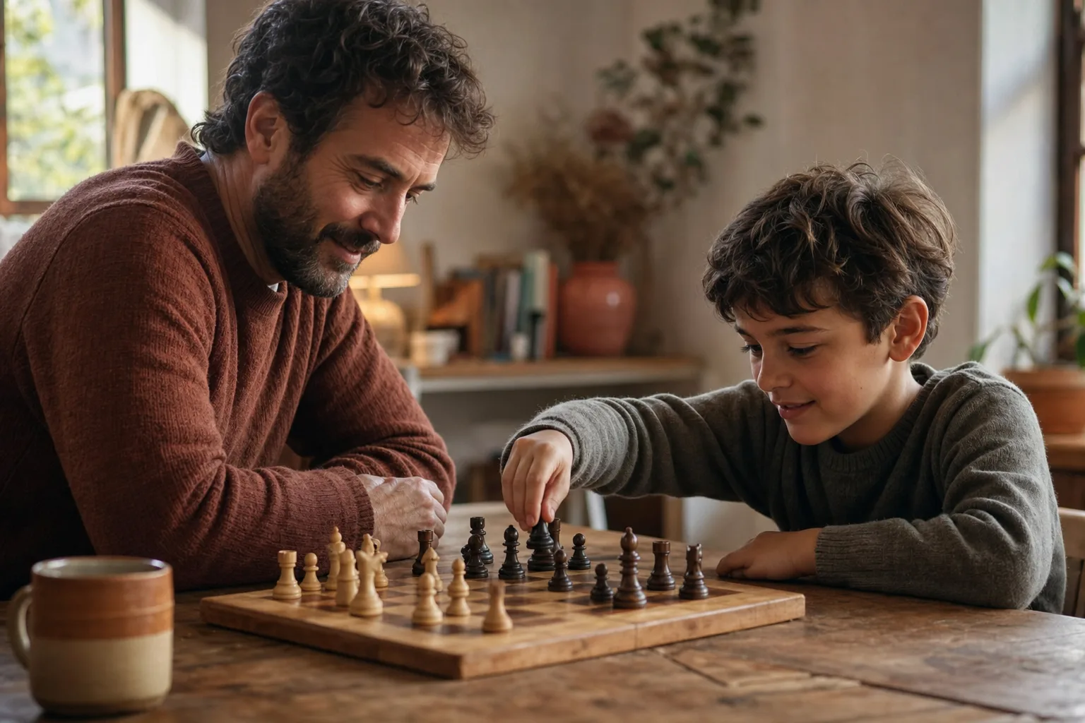 Родитель и ребёнок играют в шахматы за деревянной доской дома